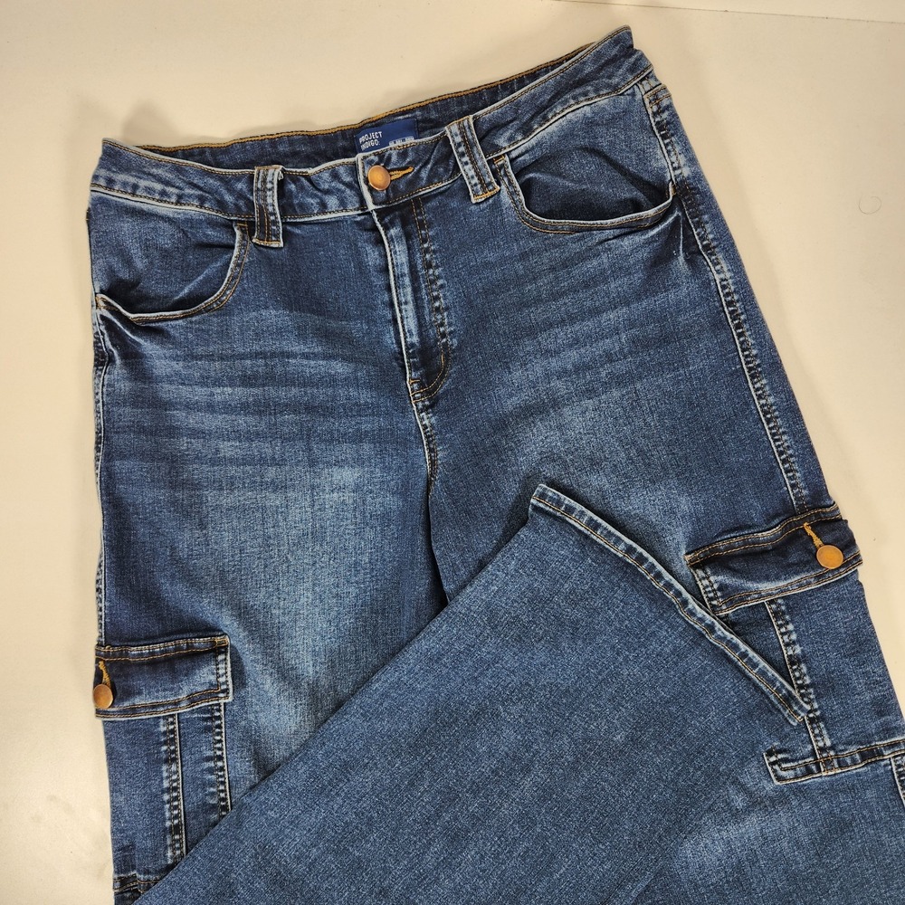 Project Indigo Denim Jeans Women's Cargo Pants Wide Leg Dark Wash Size 15